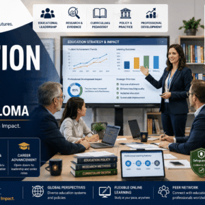 Professional education diploma banner showing academic leadership, teaching strategies, and modern educational tools