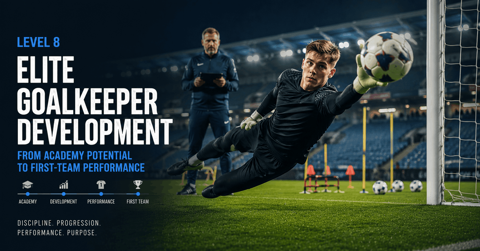Elite goalkeeper development session showing an advanced keeper training for first-team football progression.
