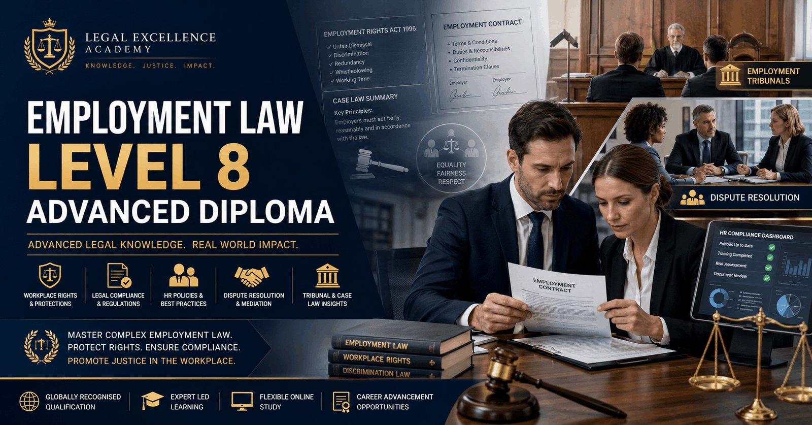 Professional employment law course banner showing legal documents, courtroom setting, and workplace compliance themes