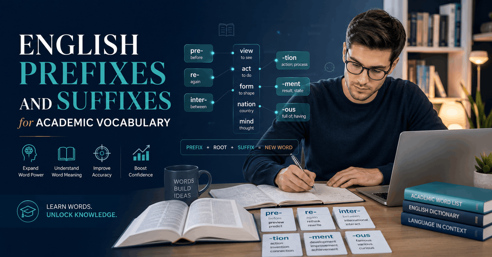 Learner studying English prefixes and suffixes to build academic vocabulary for IELTS, TOEFL and further study