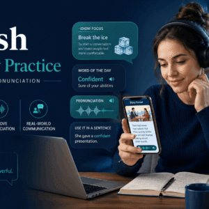 Learner improving English vocabulary practice through idioms, pronunciation exercises and interactive story-based lessons