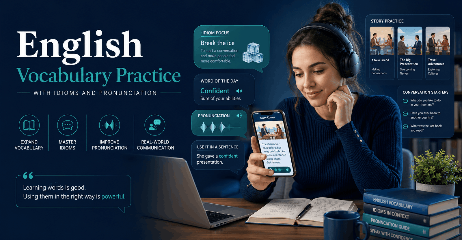 Learner improving English vocabulary practice through idioms, pronunciation exercises and interactive story-based lessons