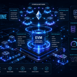 Ethereum Virtual Machine visual showing blockchain nodes, smart contracts, EVM execution, opcodes and distributed architecture.