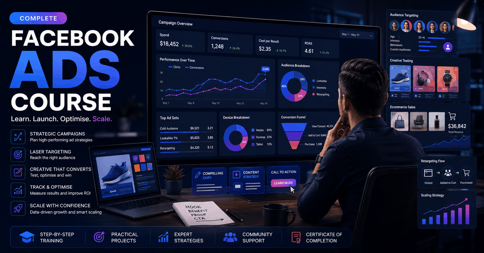 Facebook Ads Course visual showing campaign analytics, audience targeting, ad creatives and ecommerce marketing strategy