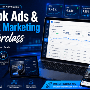 Facebook Ads Masterclass course banner showing digital marketing dashboard, ad analytics, and social media growth strategy