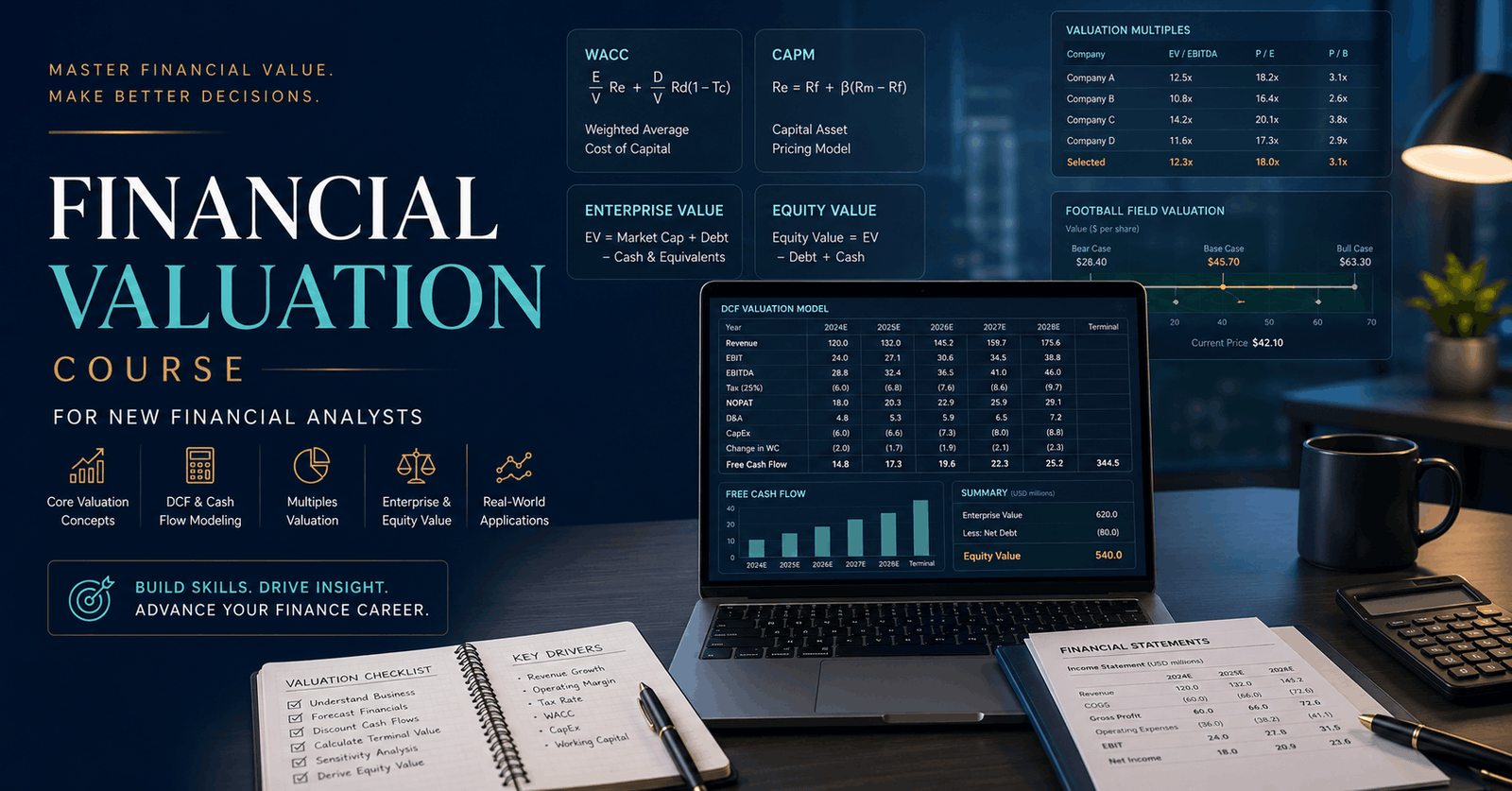 Financial Valuation Course covering DCF, financial modeling, WACC, comparable multiples and company valuation.