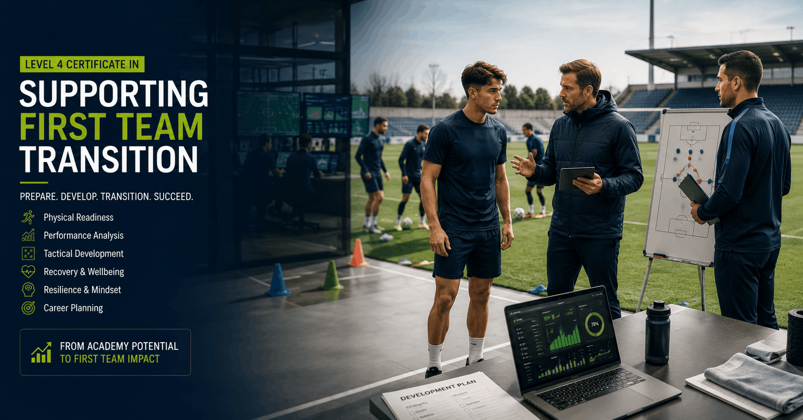Coach supporting a young football player during First Team Transition with tactical and performance guidance.