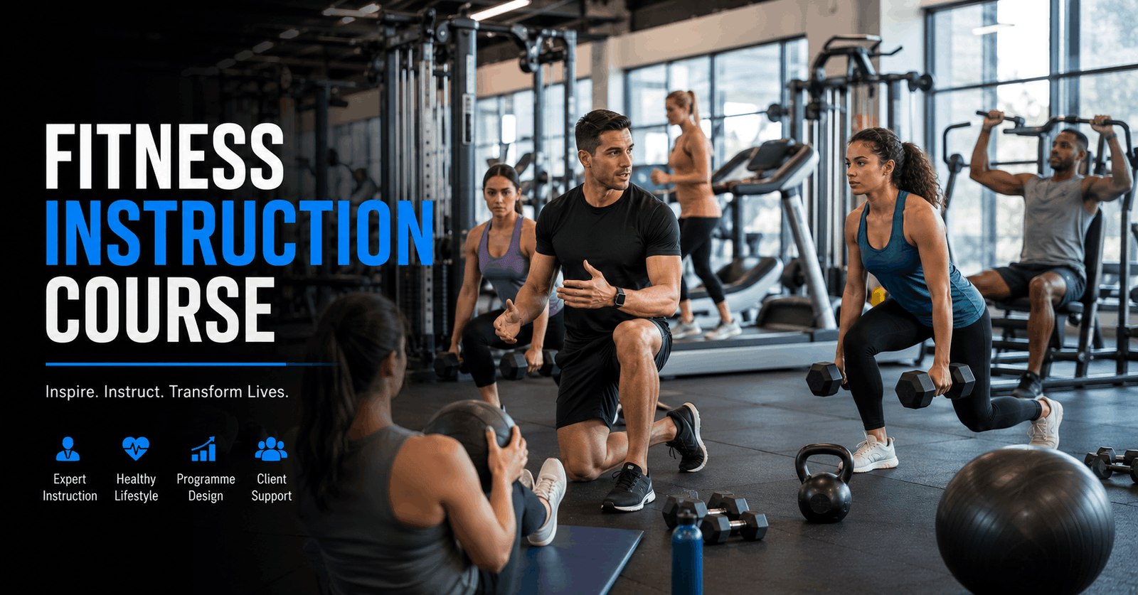 Fitness Instruction Course showing a professional trainer coaching clients during an exercise session.