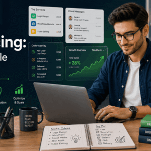 Freelancer learning Fiverr freelancing strategies to research niches, improve gigs and grow a service-based online business