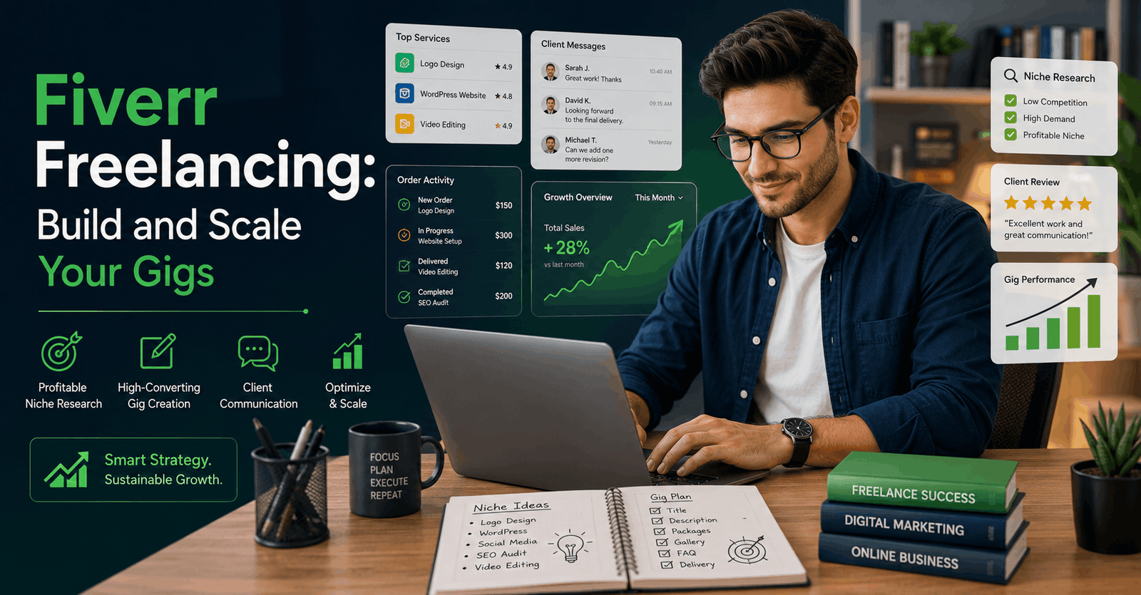 Freelancer learning Fiverr freelancing strategies to research niches, improve gigs and grow a service-based online business