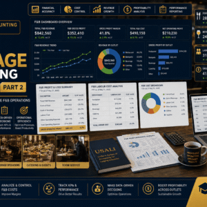Professional food beverage accounting course banner showing F&B financial reports and hospitality analytics dashboards
