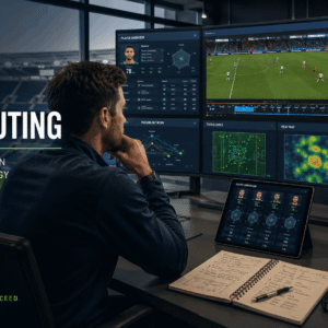 Football Data Scouting analyst reviewing player metrics, video footage and tactical analysis reports.