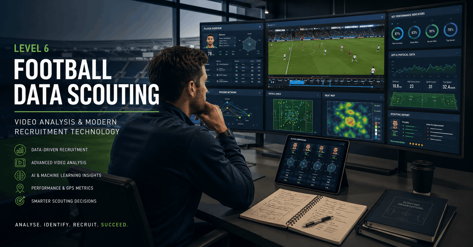 Football Data Scouting analyst reviewing player metrics, video footage and tactical analysis reports.