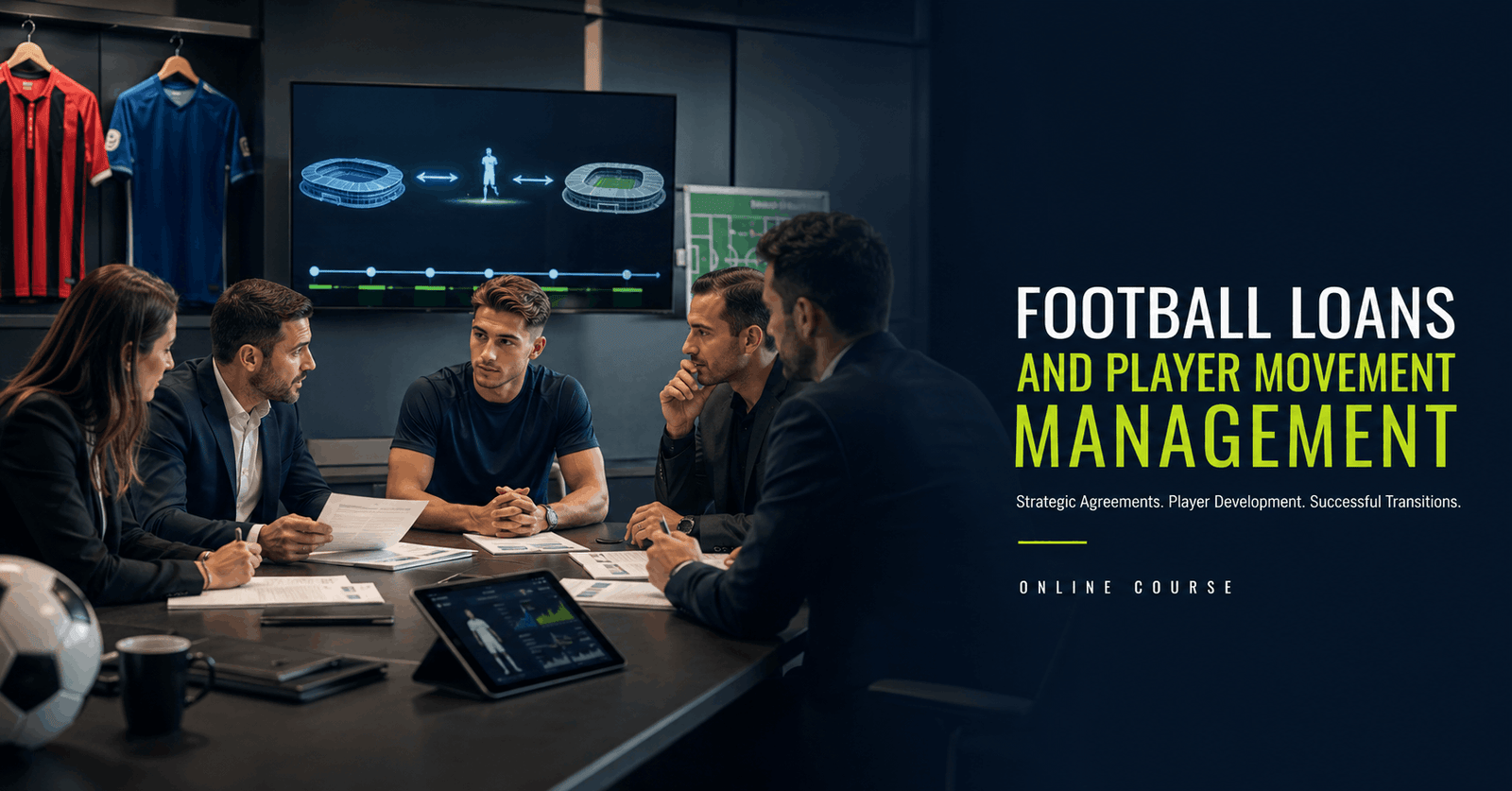 Football player loans meeting with club representatives reviewing agreements, regulations and player development plans.