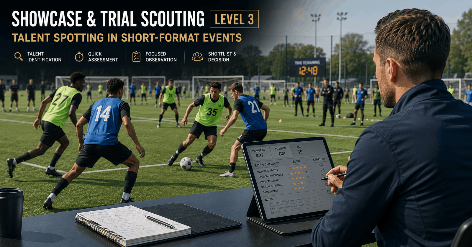 Football talent scouting professional evaluating multiple players during a competitive showcase and trial event