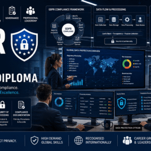 Professional GDPR course banner showing data privacy dashboards, compliance tools, cybersecurity and legal documentation