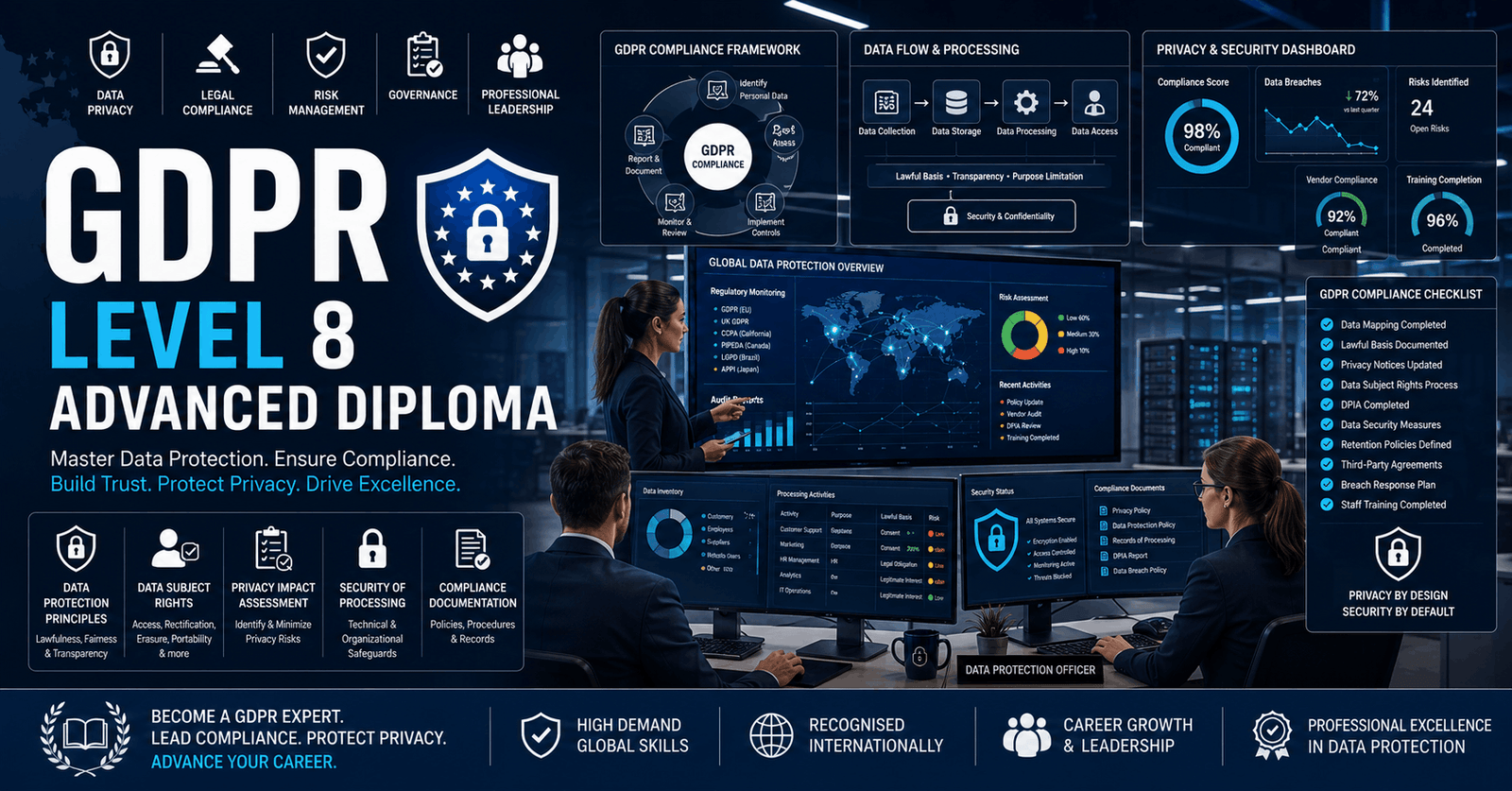 Professional GDPR course banner showing data privacy dashboards, compliance tools, cybersecurity and legal documentation