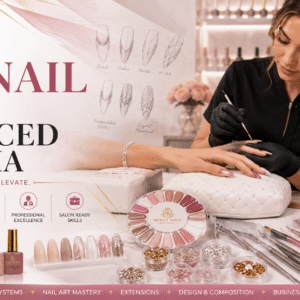 Professional gel nail course banner showing nail technician creating stylish gel nail designs in a modern salon