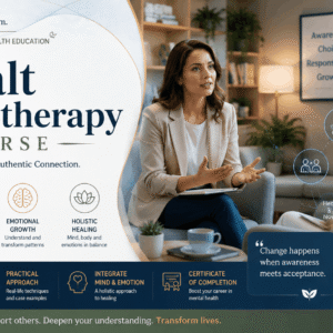 Gestalt Psychotherapy Course banner showing therapist and client in counselling session with mindfulness and therapy visuals
