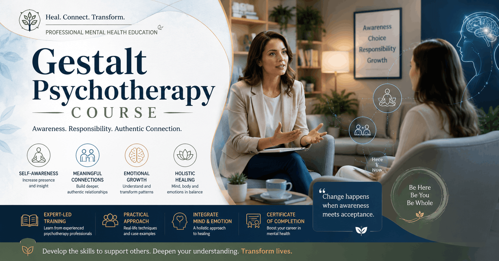 Gestalt Psychotherapy Course banner showing therapist and client in counselling session with mindfulness and therapy visuals