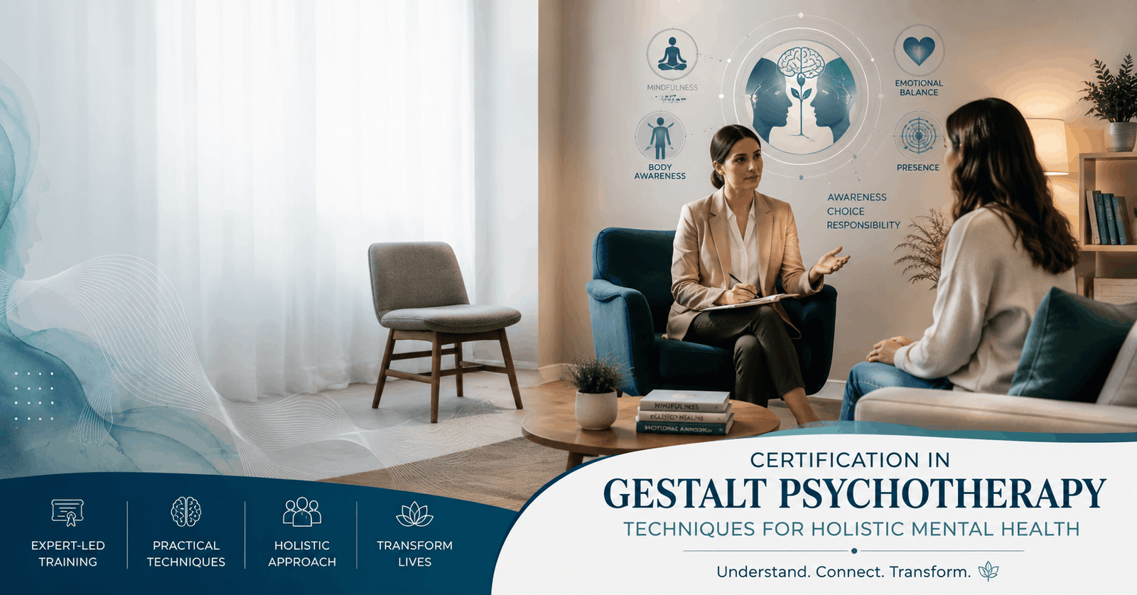 Professional therapist conducting Gestalt Psychotherapy Course session for mental health and emotional healing