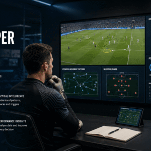 Goalkeeper analysis showing a keeper studying match footage and tactical performance data for improved game management.