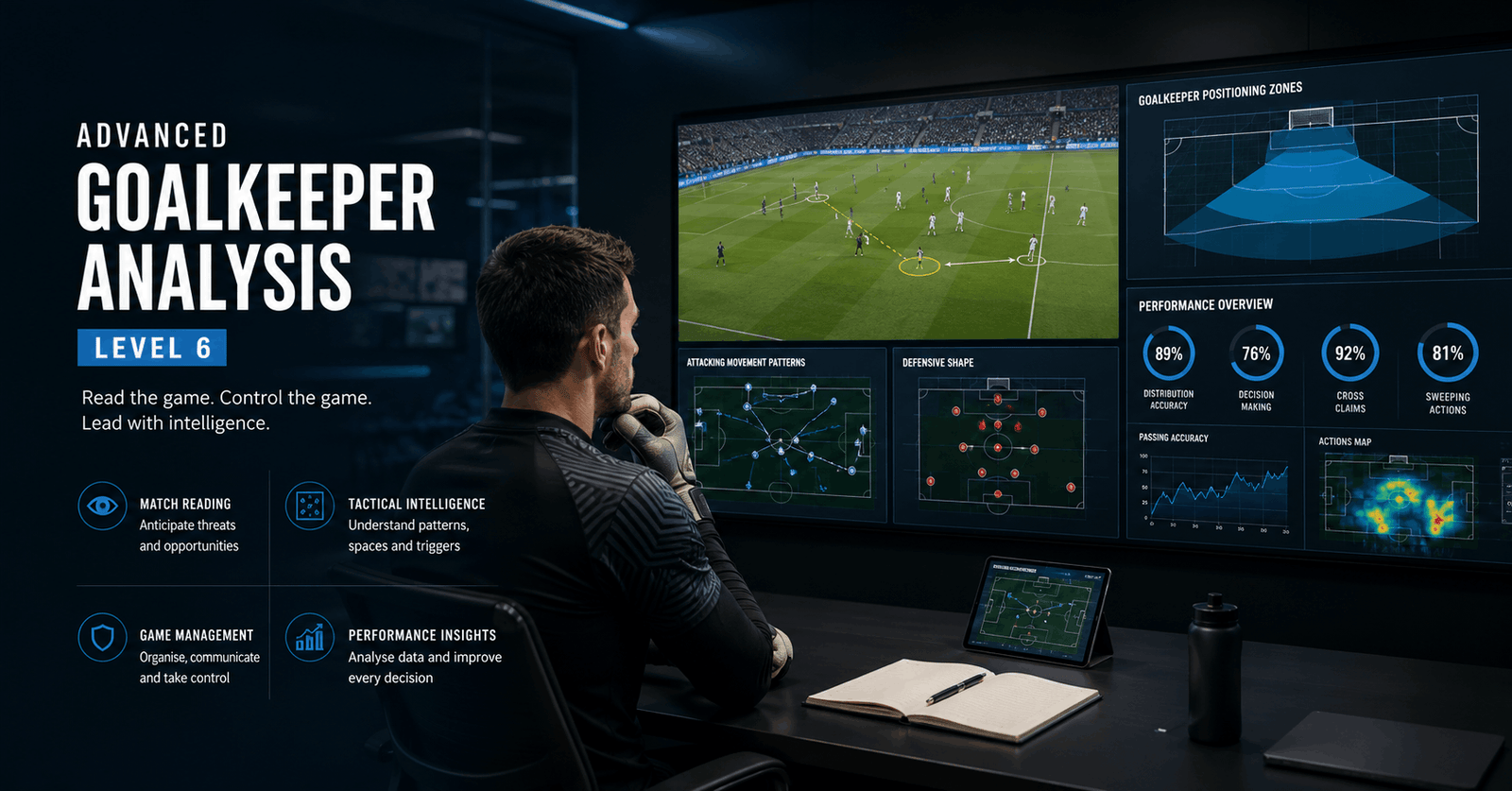 Goalkeeper analysis showing a keeper studying match footage and tactical performance data for improved game management.