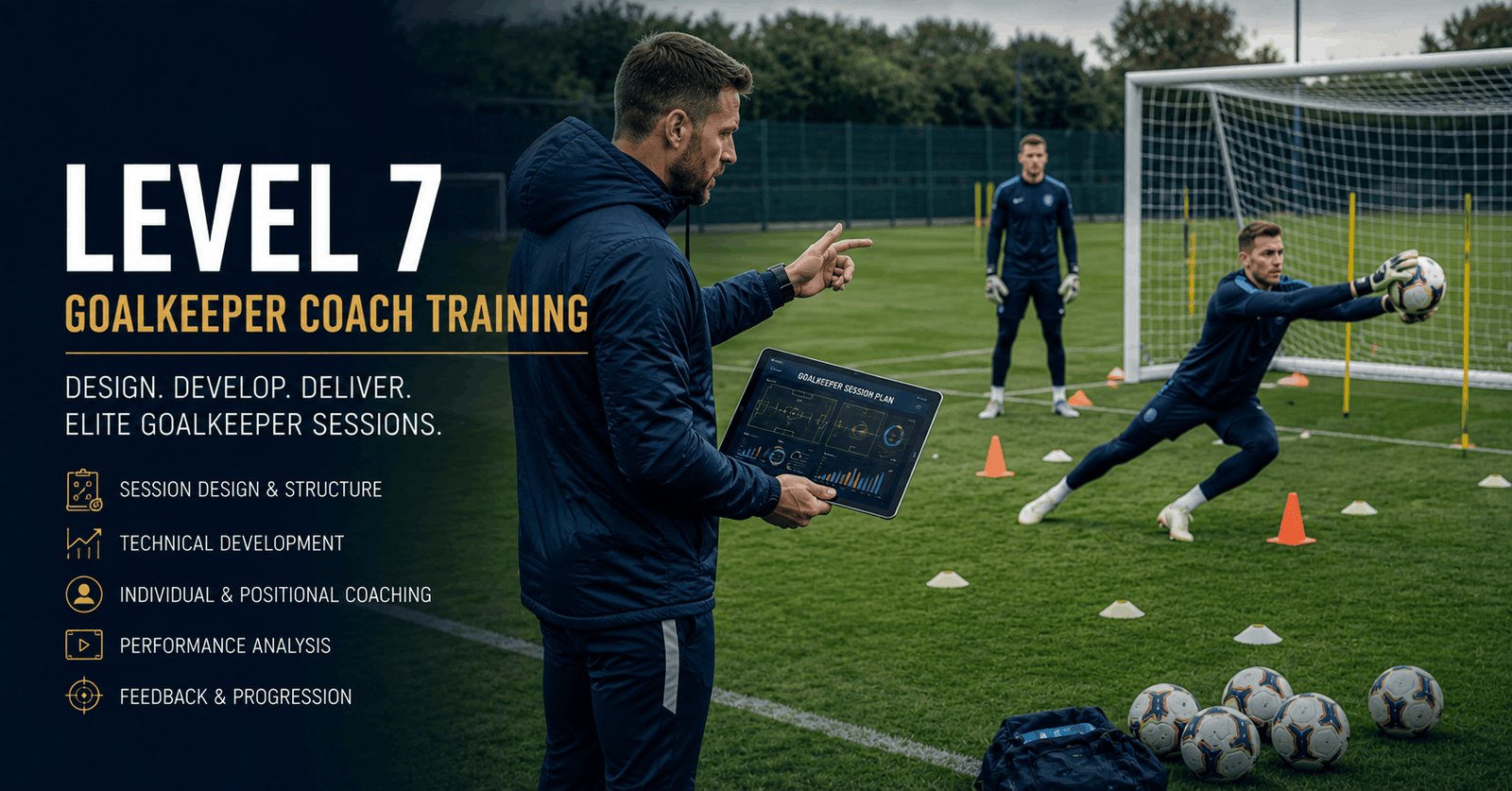 Goalkeeper coach training session with an elite keeper practising technical drills under professional coaching guidance.