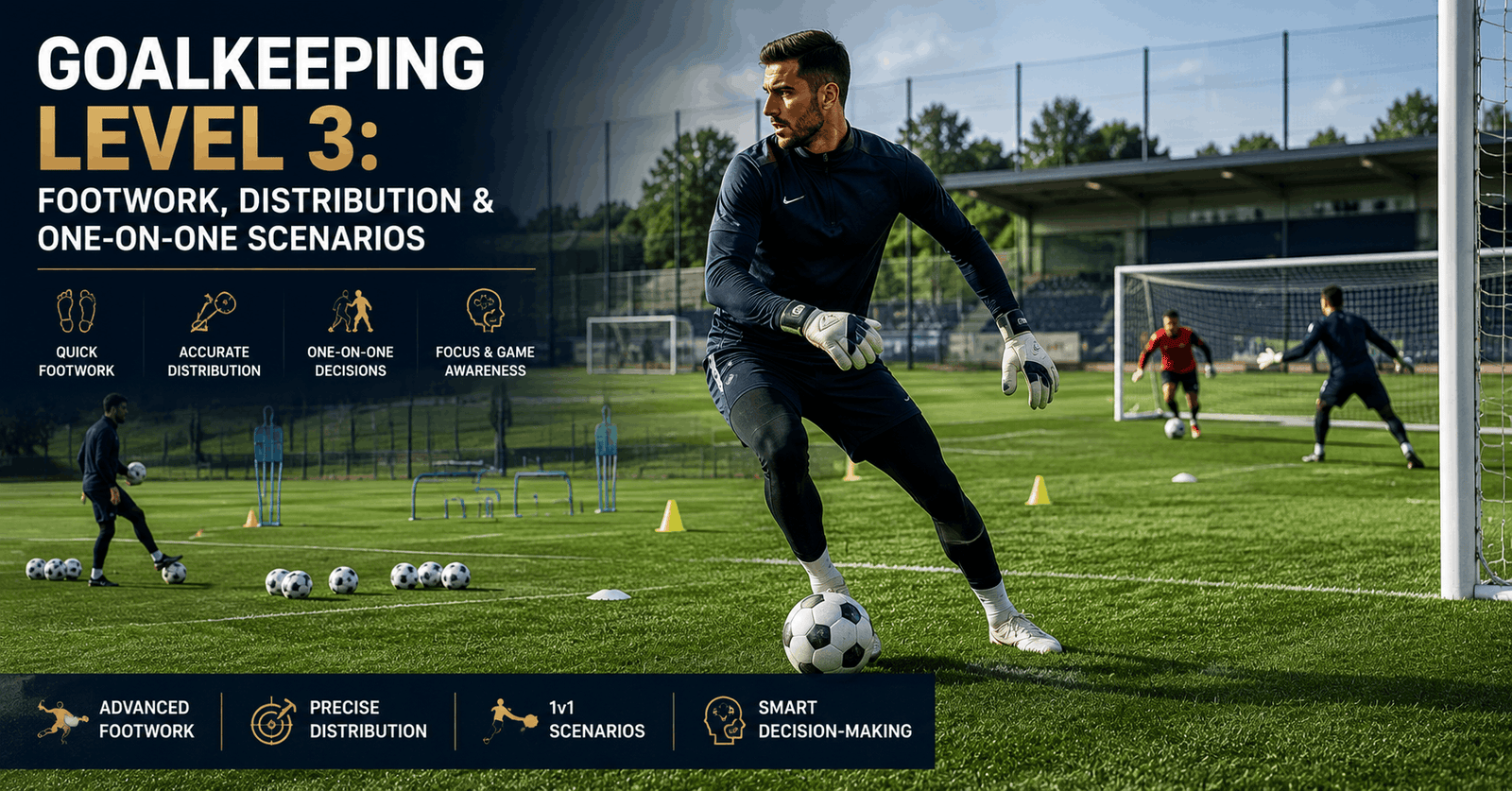 Goalkeeper distribution training showing a goalkeeper passing, moving and preparing for one-on-one scenarios