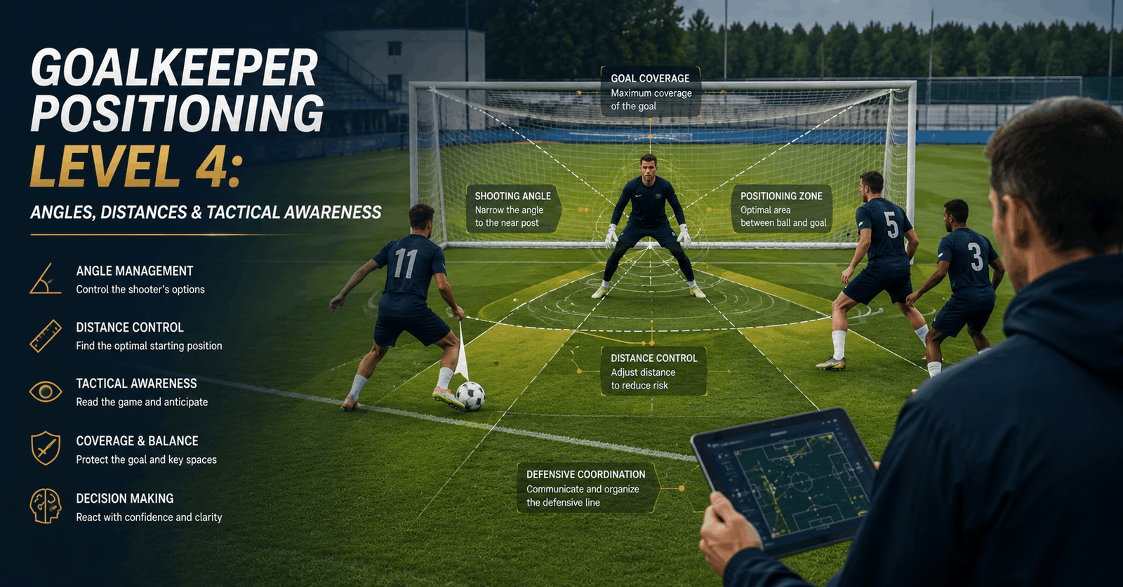 Goalkeeper positioning training showing tactical awareness, angles and distance control during a football match