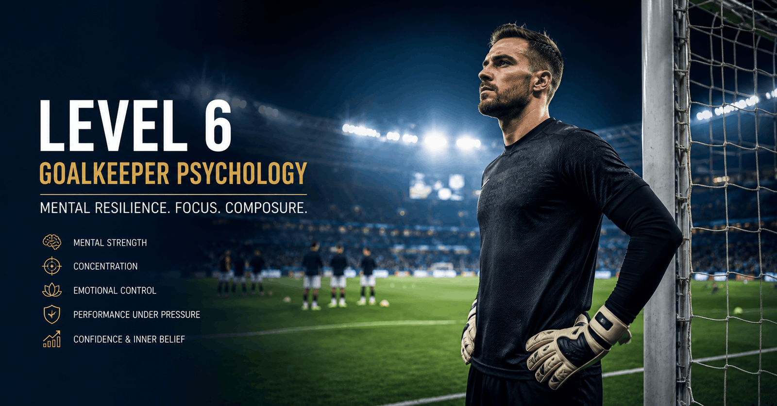 Goalkeeper psychology training showing a focused keeper preparing mentally before a high-pressure football match.