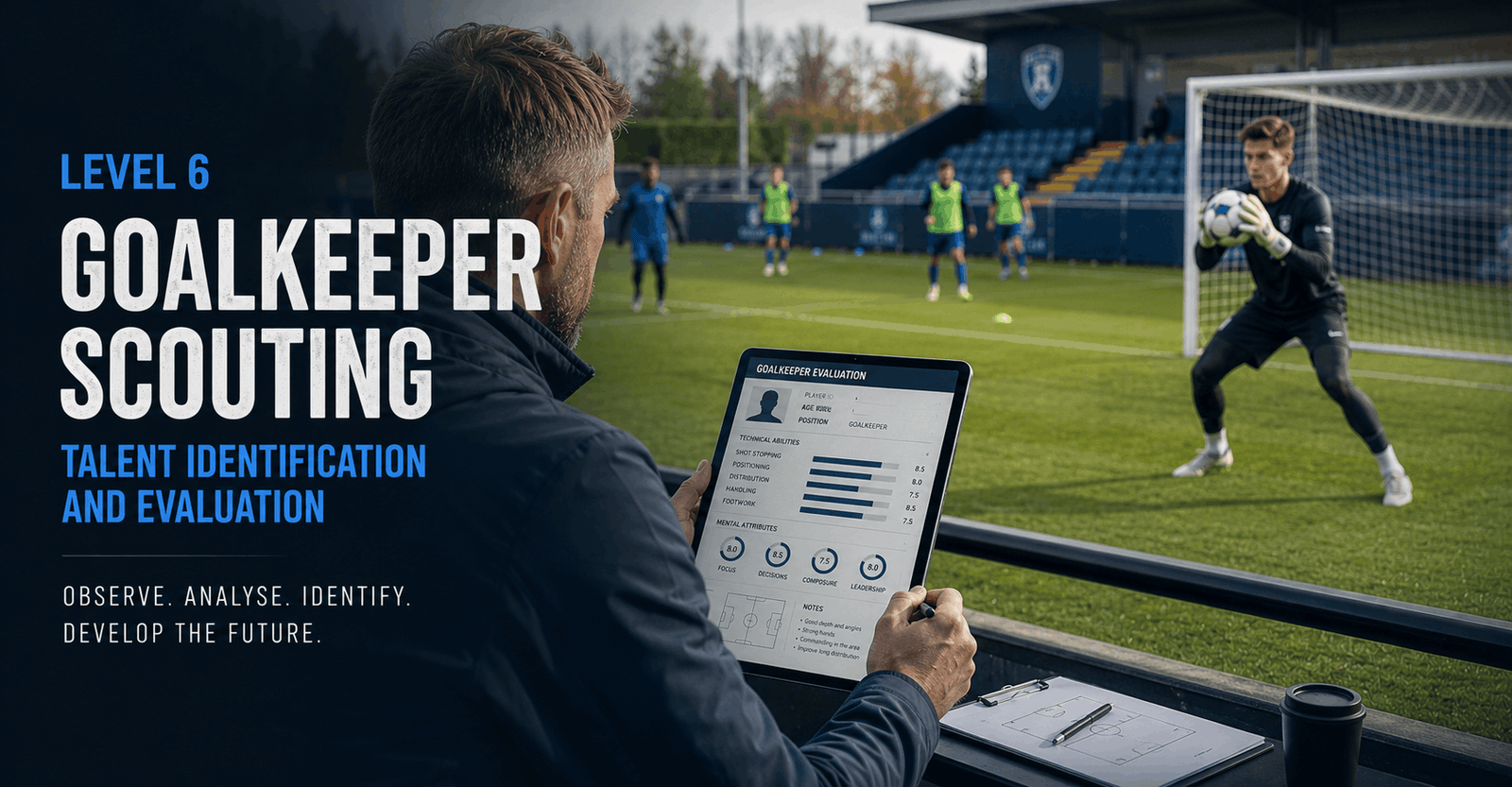 Goalkeeper scouting professional observing a young keeper and recording performance notes during a football match.