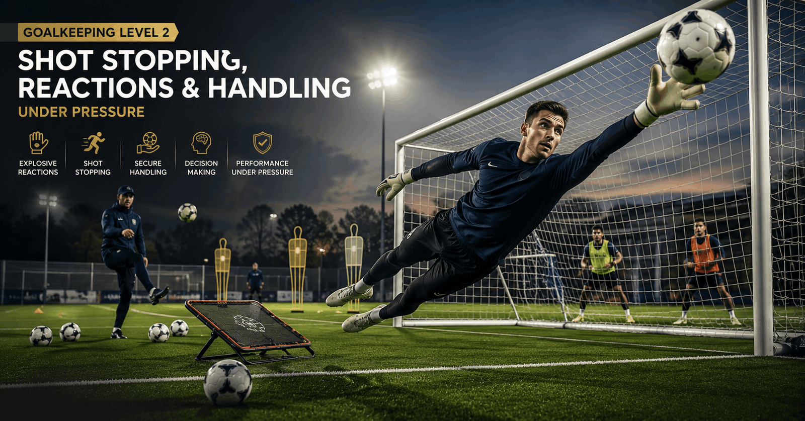Goalkeeper shot stopping training with a diving save during a high-pressure football practice session