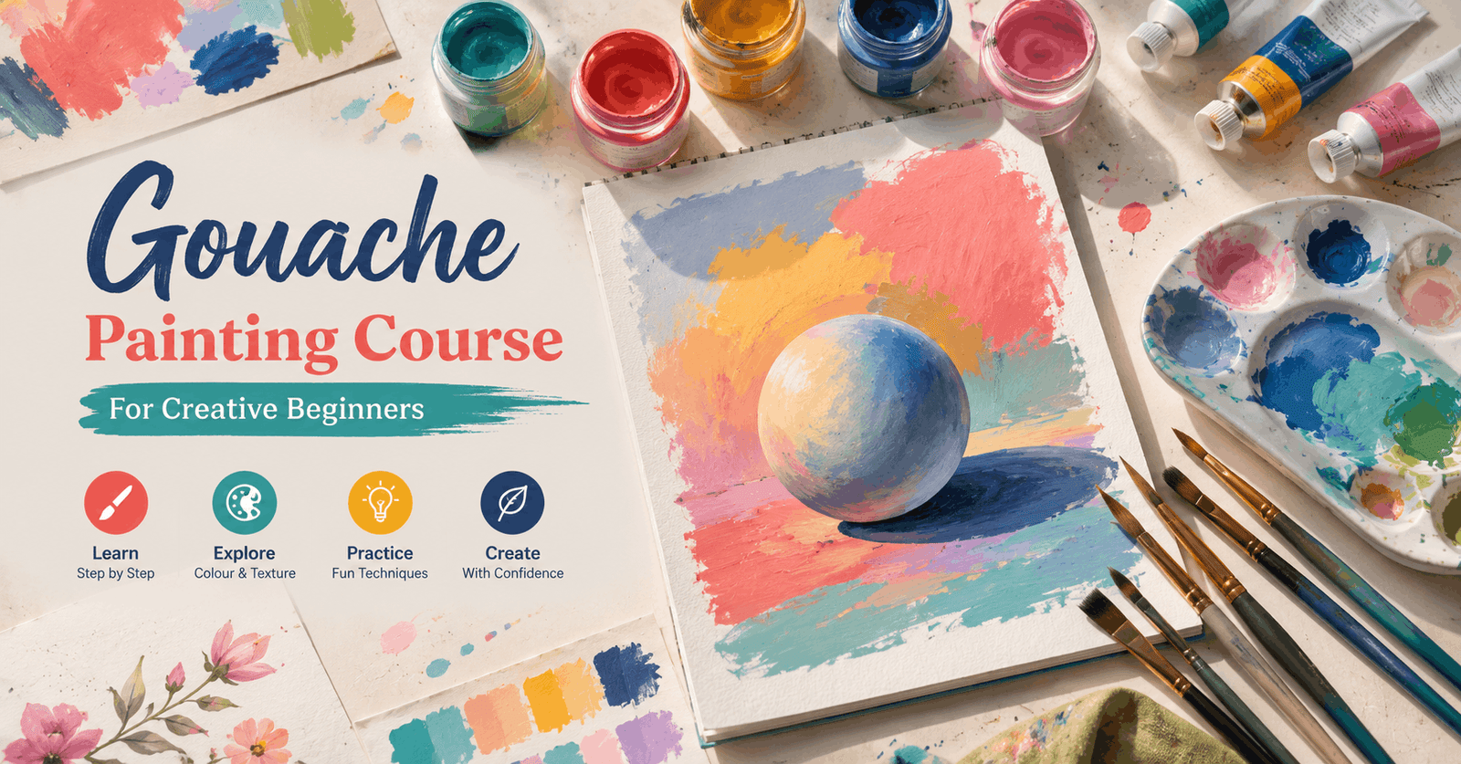 Gouache Painting Course scene with colourful paints, brushes, palette and beginner artwork demonstrating blending and layering.