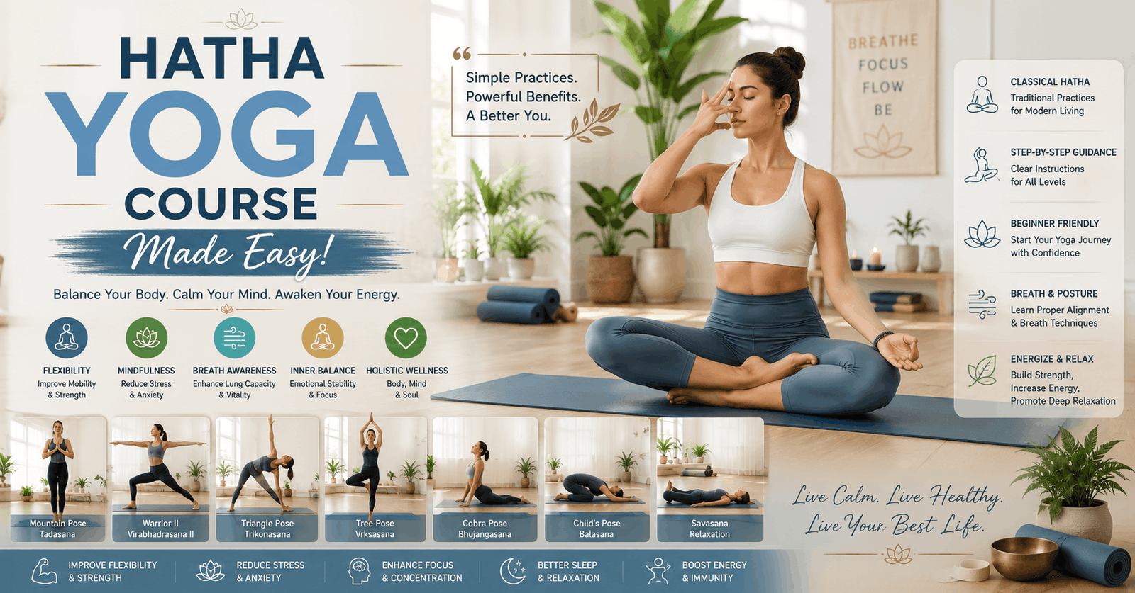 Professional Hatha yoga course banner showing beginner yoga poses for balance, flexibility, and relaxation