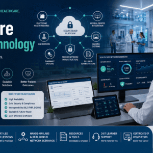 Healthcare Network Technology course showing hospital IT systems, data security, and digital healthcare networking infrastructure