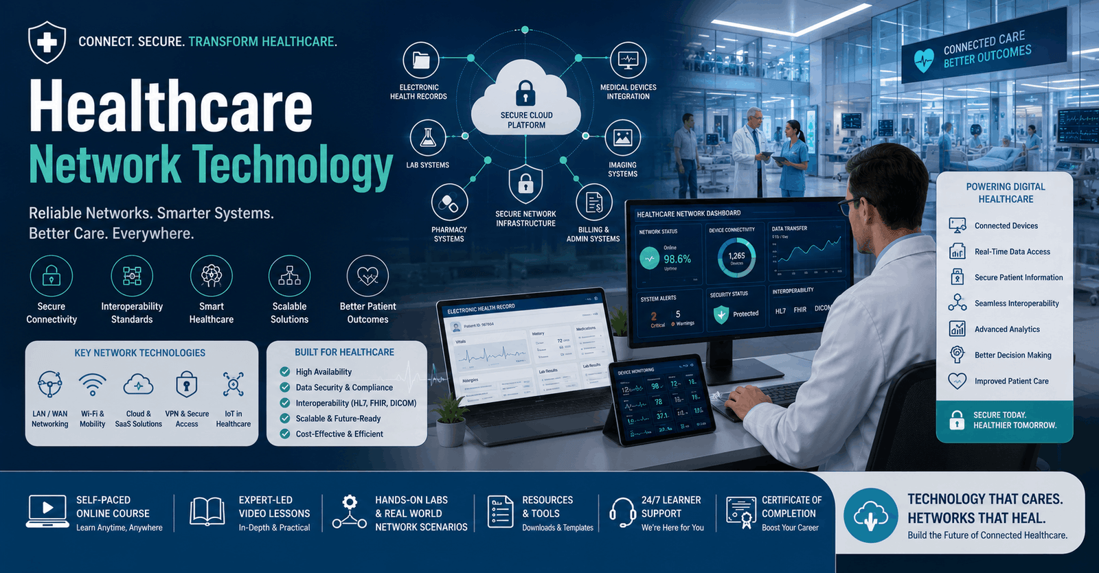 Healthcare Network Technology course showing hospital IT systems, data security, and digital healthcare networking infrastructure