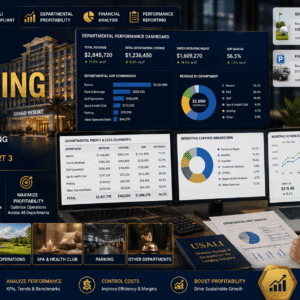 Professional hotel accounting course banner showing lodging financial reports and departmental revenue analytics dashboards