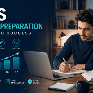 Student completing IELTS Academic preparation with listening, reading, writing and speaking study materials