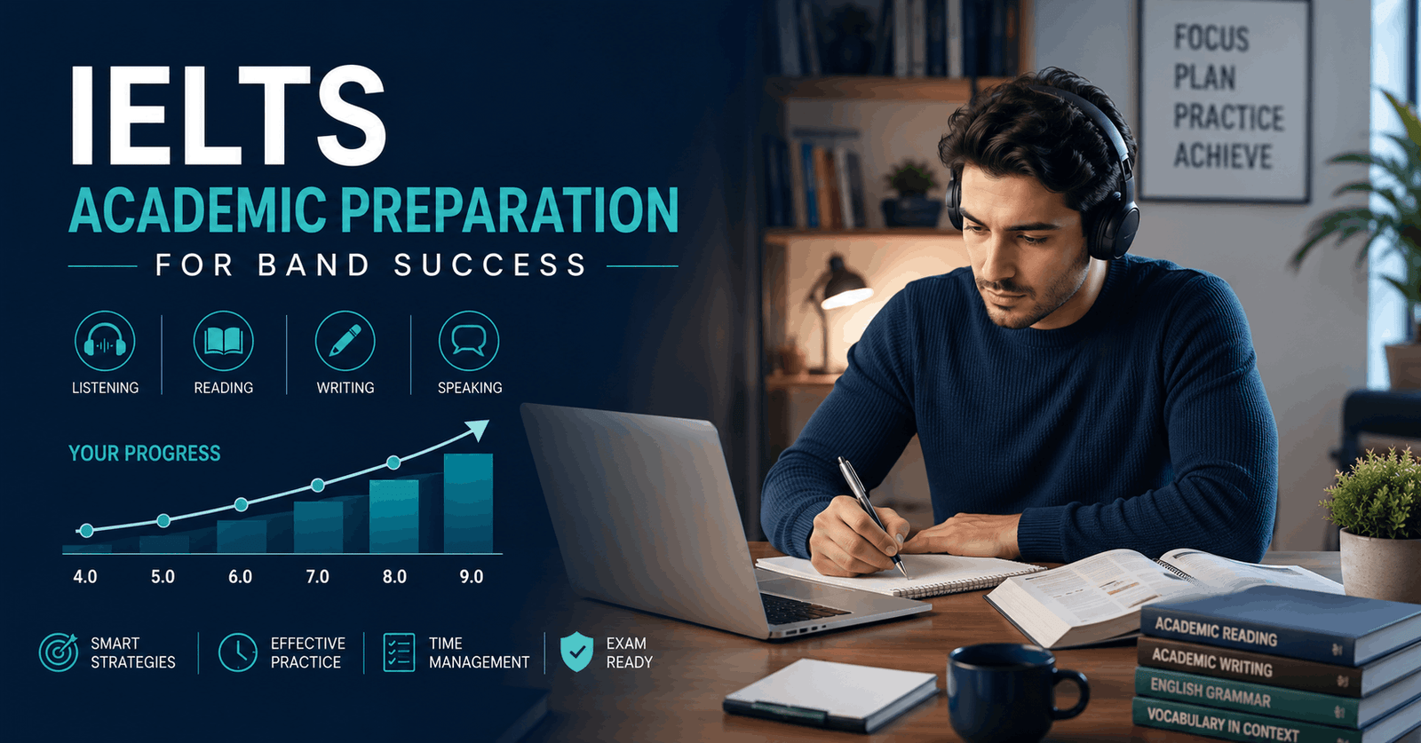 Student completing IELTS Academic preparation with listening, reading, writing and speaking study materials