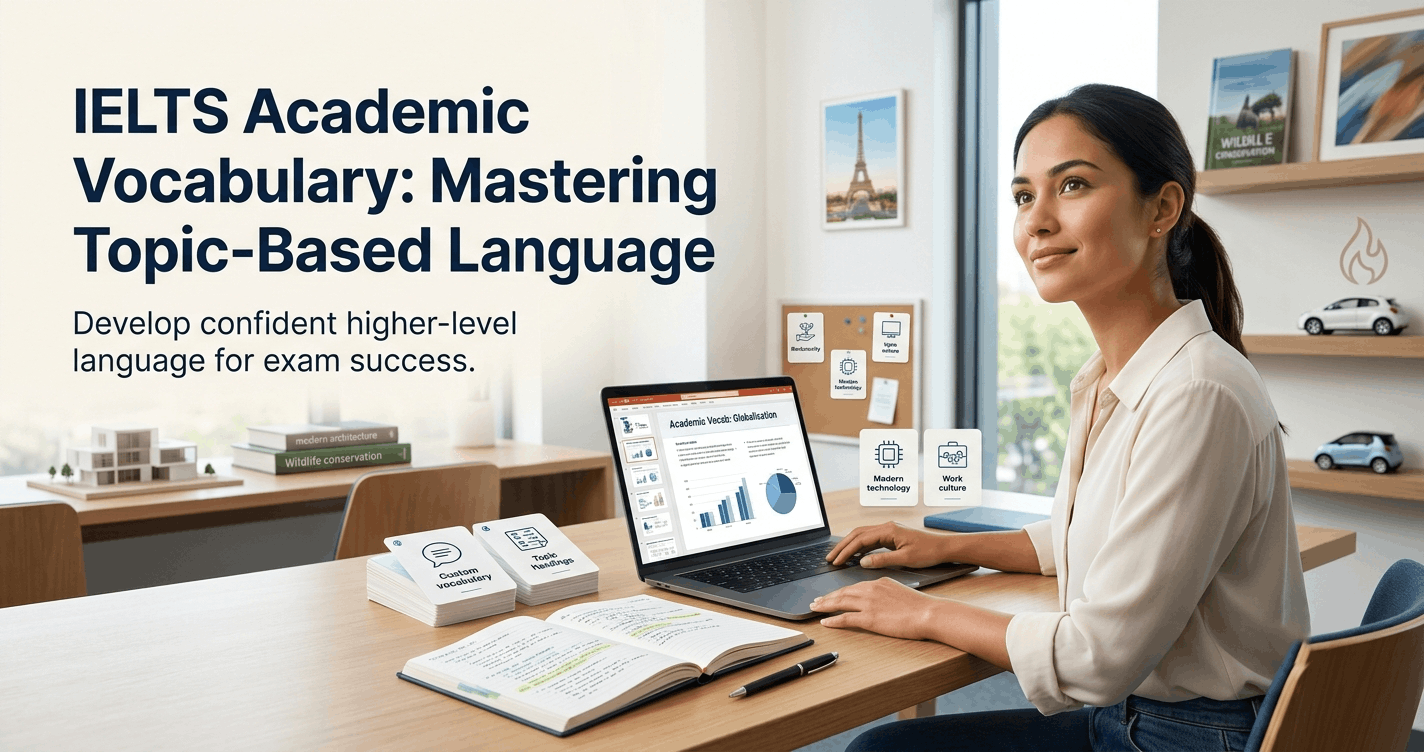 Student building IELTS Academic Vocabulary with topic-based notes, flashcards and English language study materials