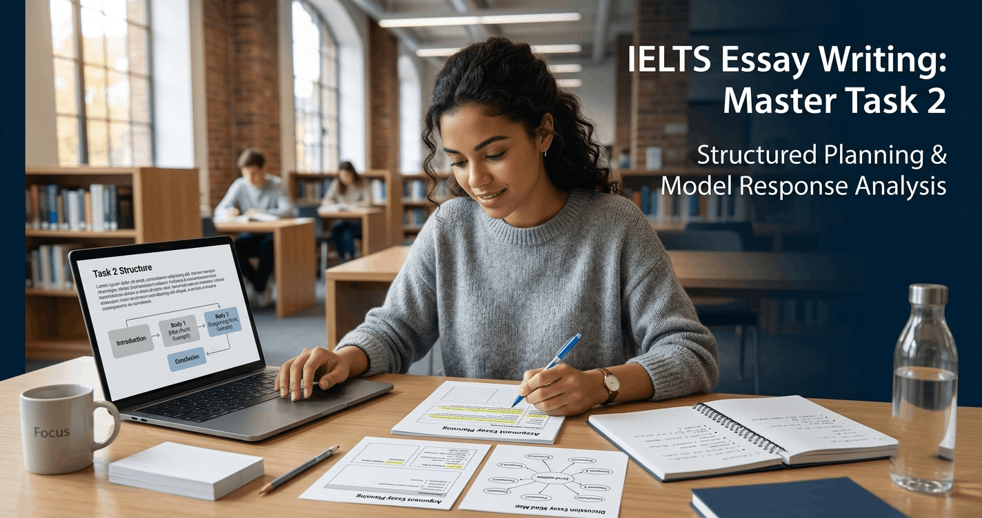 Student planning structured responses for IELTS Essay Writing using notes, essay outlines and focused study materials