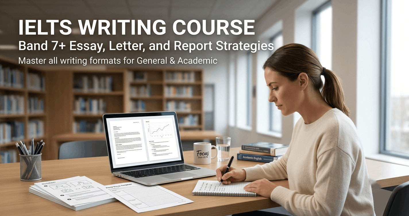 Student practising essays, letters and reports for an IELTS Writing Course focused on Band 7+ writing strategies