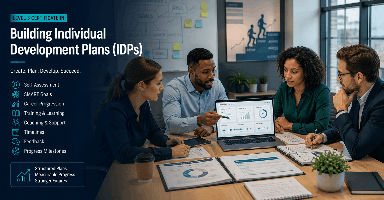 Professional creating Individual Development Plans with SMART goals, development priorities and progress milestones.