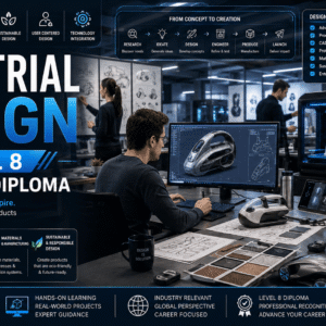 Professional industrial design course banner showing product sketches, CAD models, prototyping and design workspace
