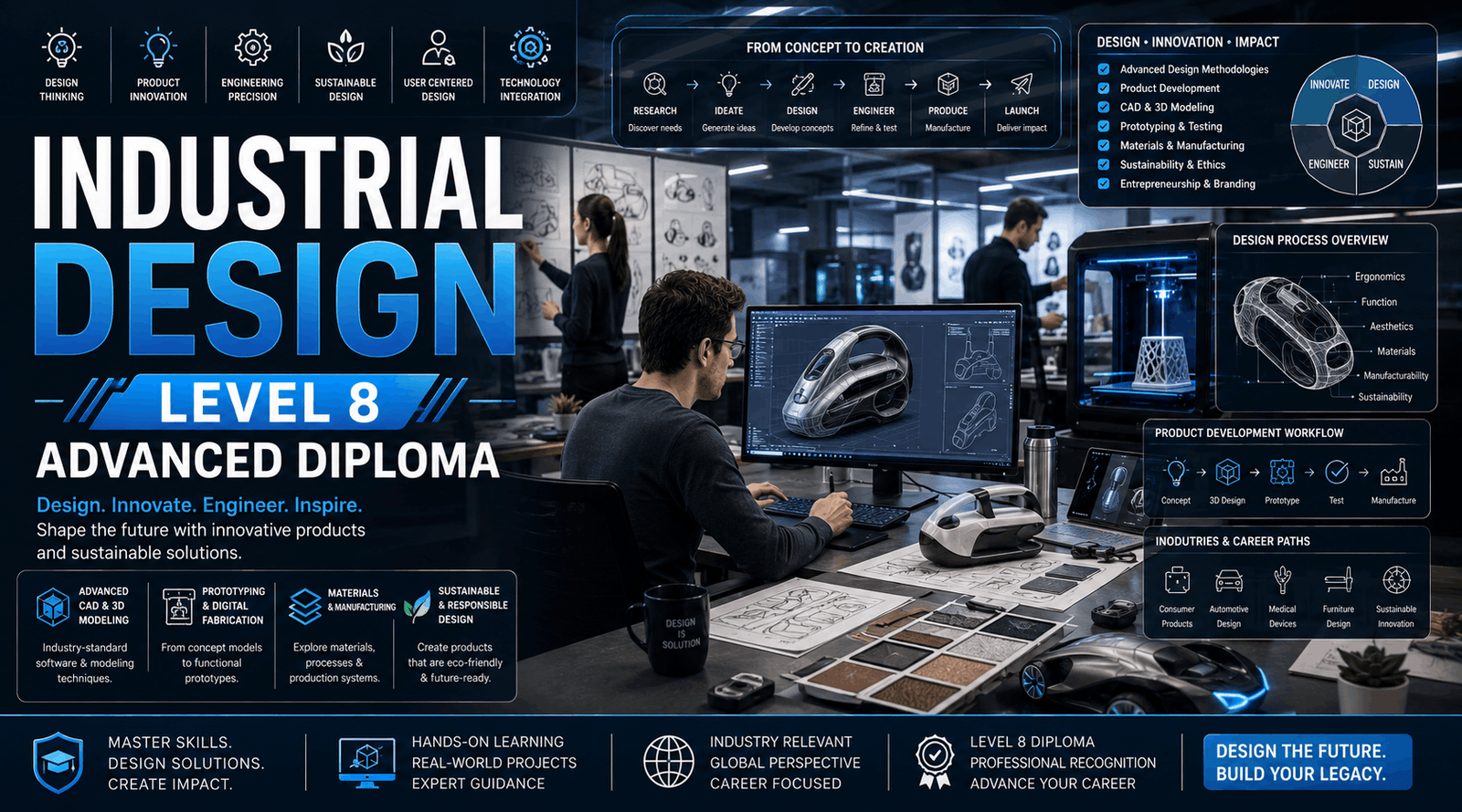 Professional industrial design course banner showing product sketches, CAD models, prototyping and design workspace