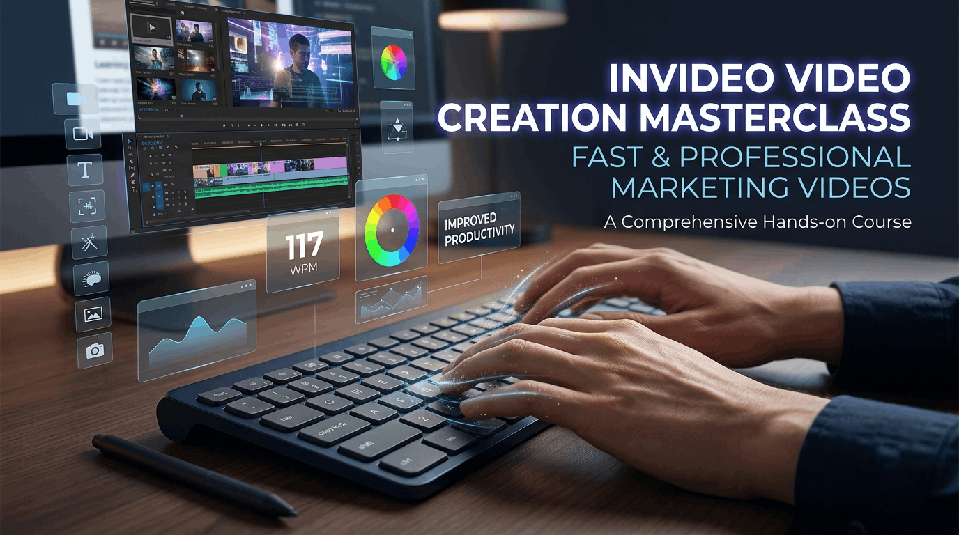 InVideo Course image showing a creator editing social media, promotional and branded marketing videos on a computer.