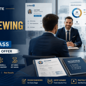 Professional candidate in a mock interview showing job interview skills with resume and laptop preparation