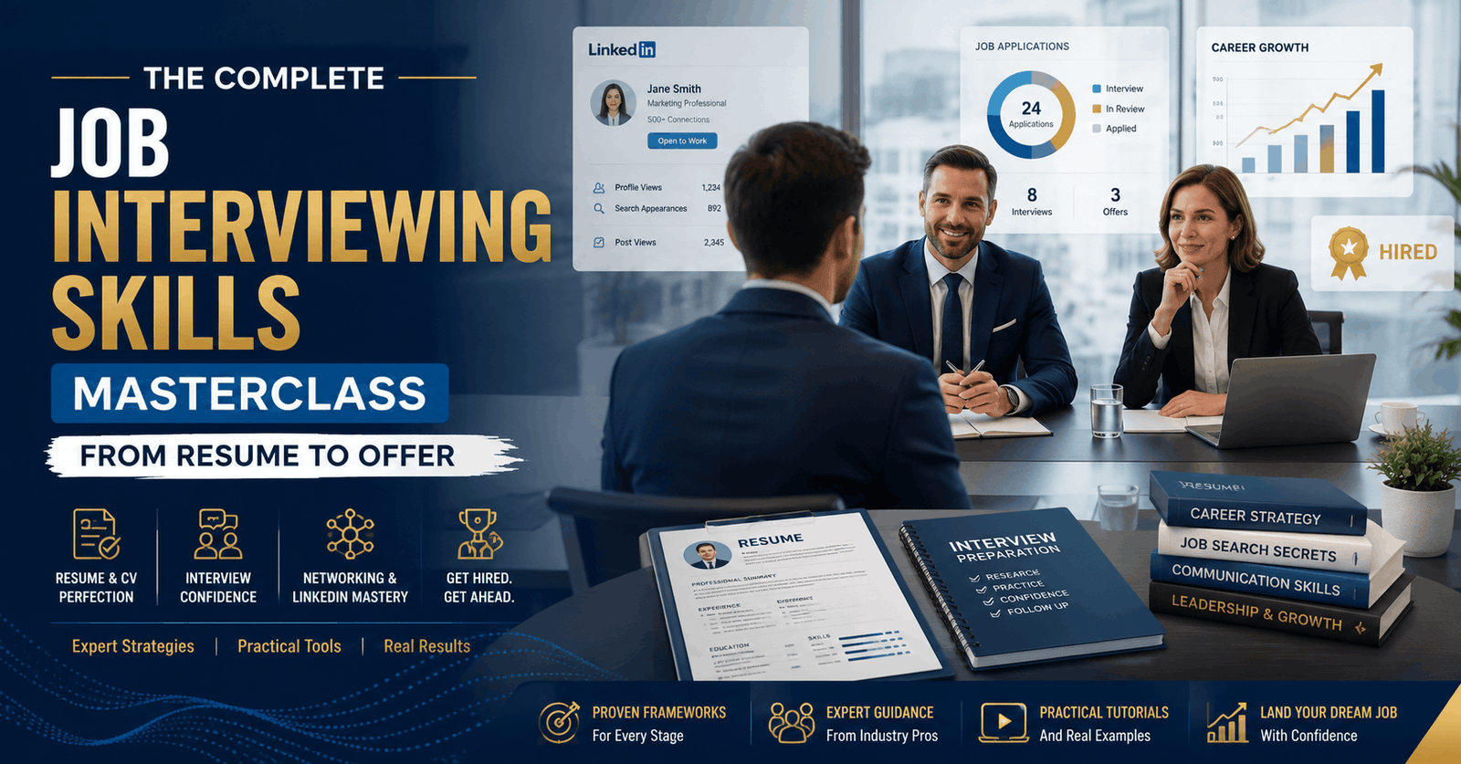 Professional candidate in a mock interview showing job interview skills with resume and laptop preparation