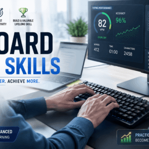 Professional course banner for Keyboard Typing Skills showing typing practice and ergonomic posture setup
